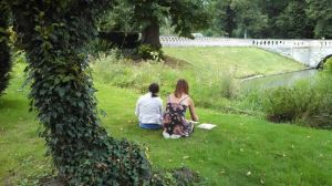 Elissa and Stephanie perfect their pieces on the grassy slope